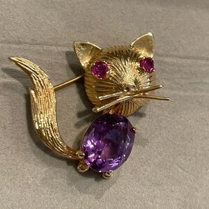Vintage 14 Karat Gold Cat Pin Brooch Genuine Amethyst & Pink Sapphires Signed